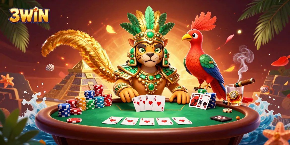 Experience the excitement of poker at 3WIN with a vibrant Mayan scene showcasing chips and cards.
