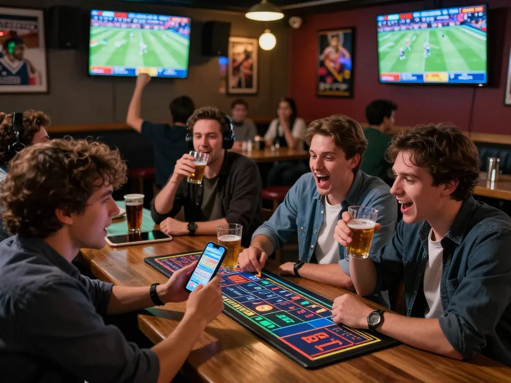Friends placing bets on one88 sports betting app while watching live games in a vibrant bar setting.