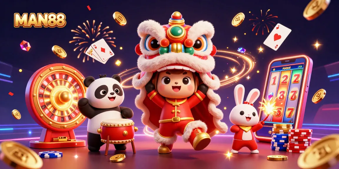 Experience the excitement of gambling at MAN88 with vibrant colors and dramatic characters celebrating fortune.