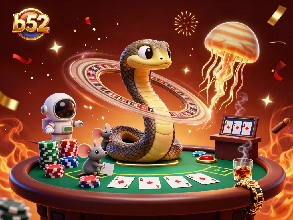 Engaging b52 gaming scene with astronauts betting on the spinning Saturn ring roulette wheel amidst colorful poker chips and cards.