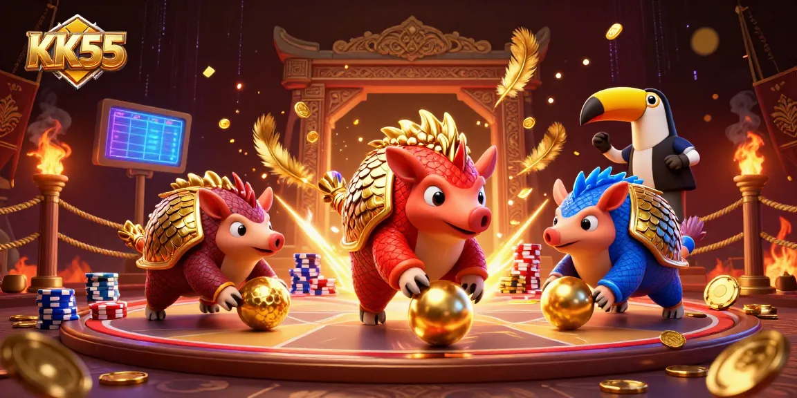Experience thrilling gameplay at KK55 with vibrant pangolin characters amid dynamic casino elements.