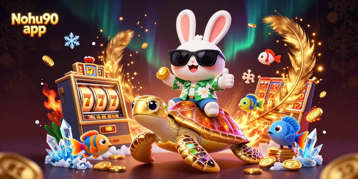 Experience excitement with Nohu90 app featuring a cartoon lucky rabbit and golden sea turtle in a vibrant casino scene.