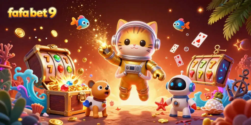 Enjoy fafa bet 9 casino spins with a cosmic theme featuring a space cat and treasures.