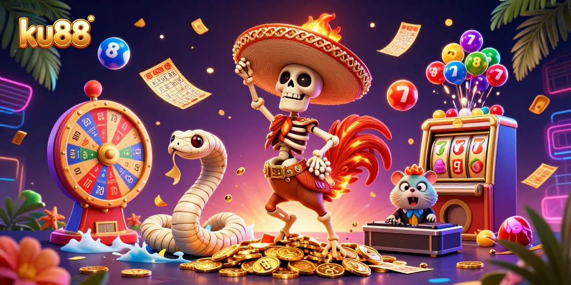 ku88 celebration with a 3D cartoon skeleton mariachi rooster and casino elements
