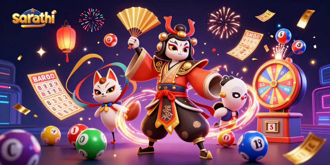 Sarathi engages players with a vibrant 3D illustration of a kabuki warrior and a kitsune mask amidst dynamic lottery elements.