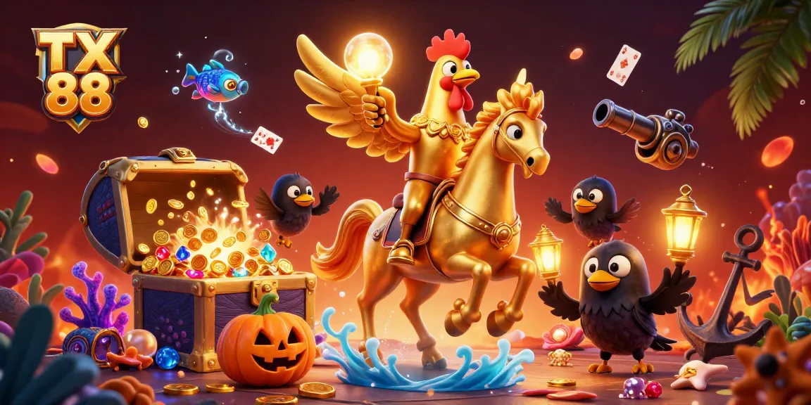 Experience the excitement of TX 88 with golden rooster characters in a vibrant casino scene.