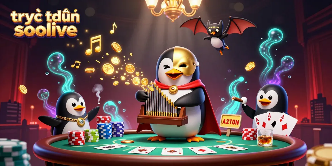 Experience trực tiếp socolive with dynamic 3D visuals featuring a penguin organist amidst poker excitement.