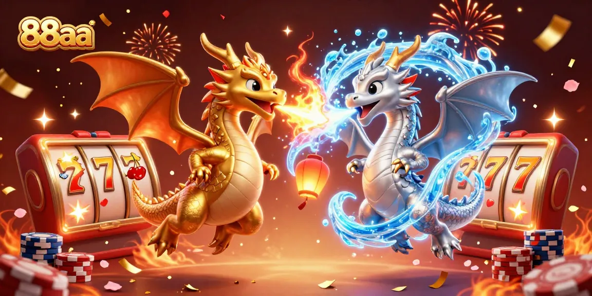 Engage with the excitement of 88aa's dynamic gaming scene featuring dragons soaring amid slot reels and chips.