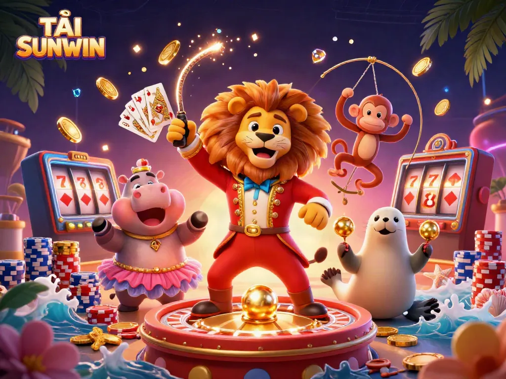 Experience the thrill of playing at TẢI SUNWIN with vibrant characters and casino elements in this dynamic scene.