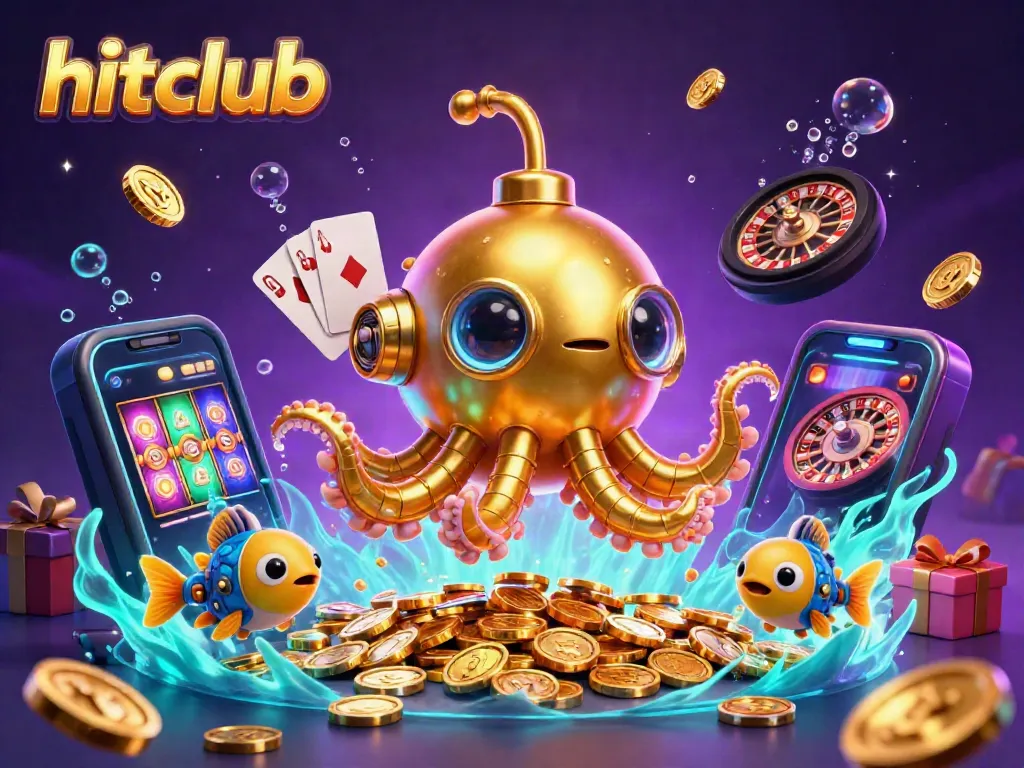 Experience thrilling gameplay with hitclub's dynamic casino image showcasing a golden kraken amidst spinning slots.