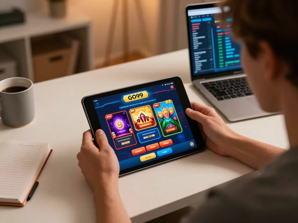 Player engaging with GO99 casino app for strategic online gaming, showcasing immersive betting experience