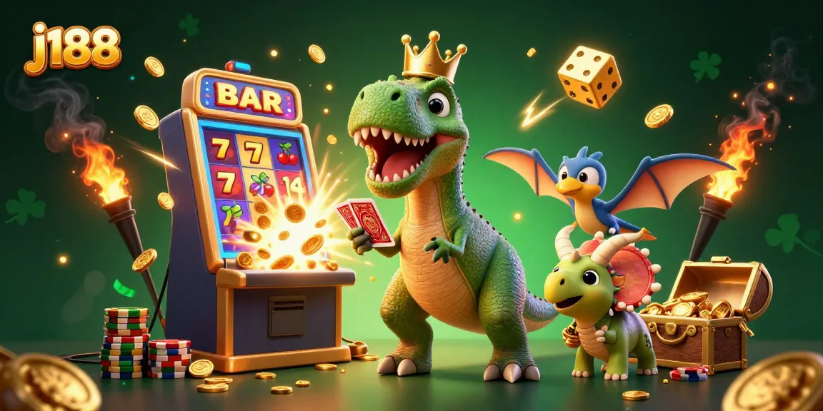 Play exciting slots with j188's unique characters featuring fun dinosaurs in a vivid, colorful scene.