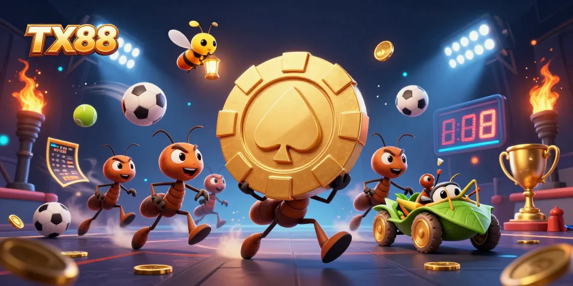 TX88 showcases ants on a heist with golden poker chips in dynamic gaming action.