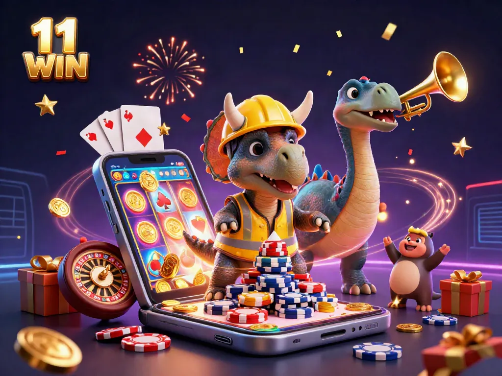 Engage with 11 WIN exciting casino games alongside cheerful dinosaurs and slot reels.