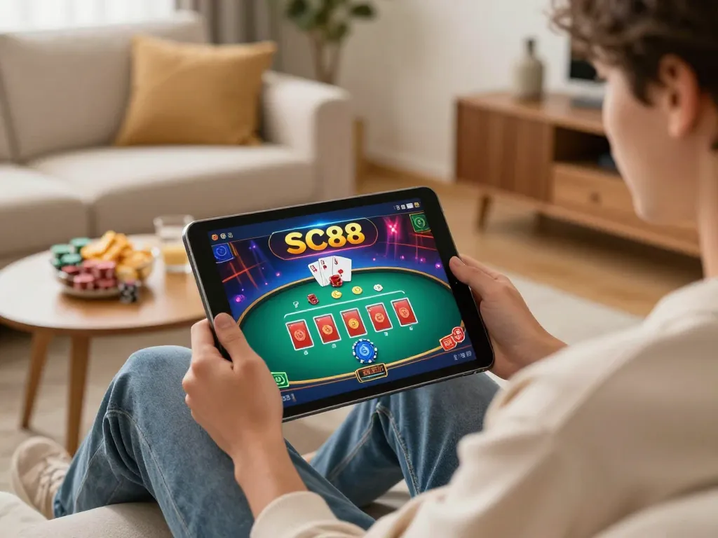 Engaged player enjoying SC88 poker game on tablet in a cozy living room setting