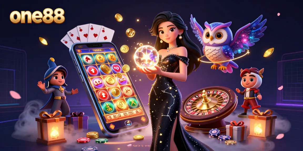 Engage with one88 as a stunning woman and mystical owl navigate a vibrant casino scene.