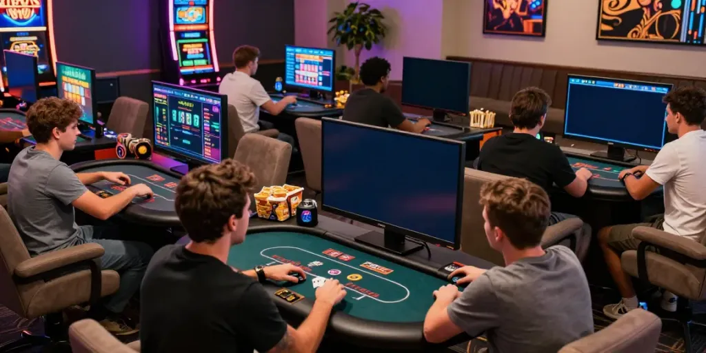 Men enjoying gaming at Manclub with vibrant screens in a cozy lounge.