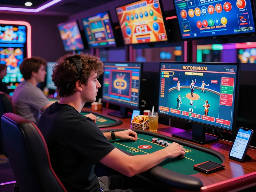 Engaged player in an online casino environment enjoying MM88 poker game with vibrant graphics and LED lighting.