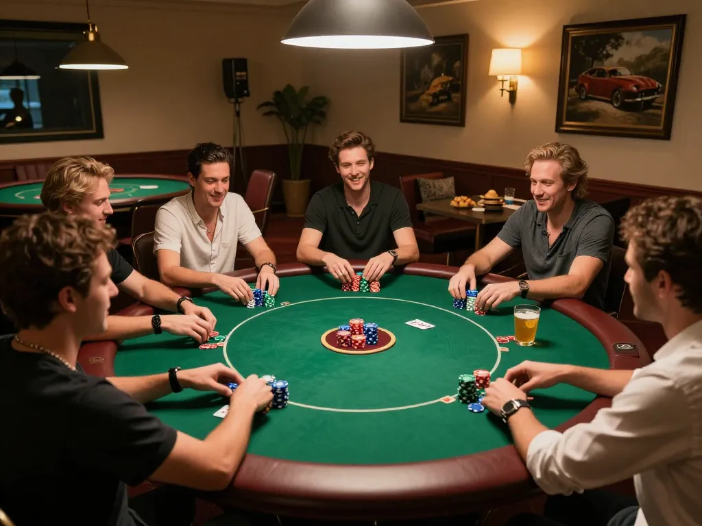Friends enjoying poker night at home with RR88 casino games, colorful chips and drinks visible.