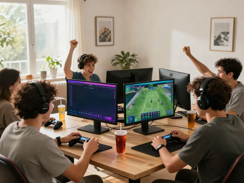 Exciting gaming scene at https://ku88vt.com/ with friends playing sports betting on dual monitors.