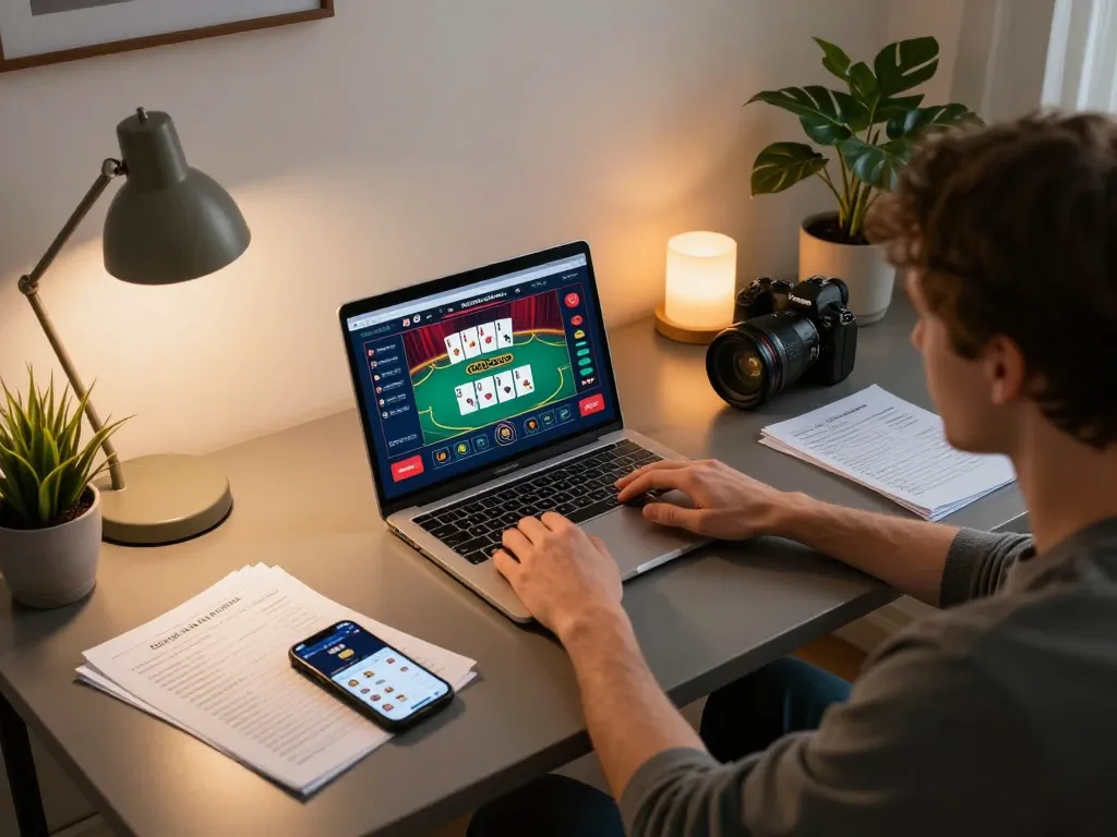 Engaging in online poker gameplay at home through https://vk88.vc/ with strategic notes and smartphone apps visible.