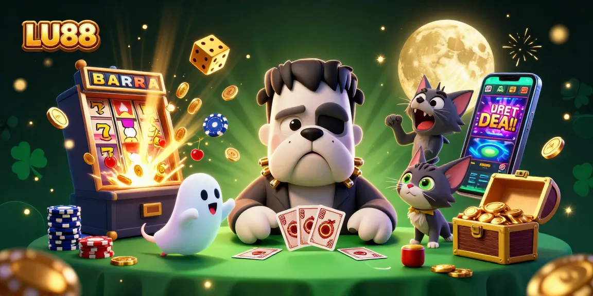LU88 showcases thrilling casino action with a monster dealer and vibrant game symbols in an enchanting scene.
