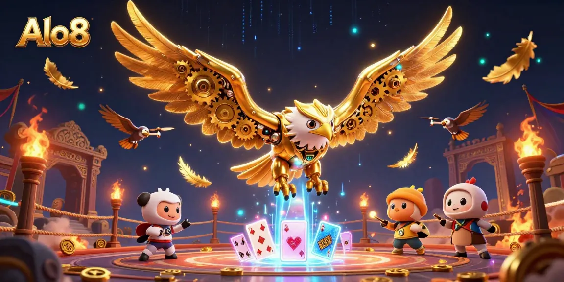 Alo8 showcases a cybernetic eagle soaring through holographic cards amidst a vibrant casino landscape.