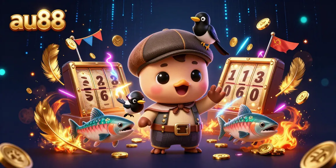 Join the fun at AU88 with a vibrant scene showcasing cartoon characters and casino elements.