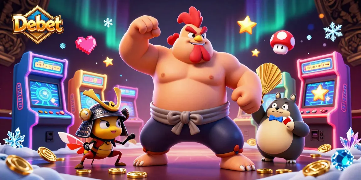 Experience the excitement of Debet as a powerful sumo rooster stomps amidst vibrant gaming elements.