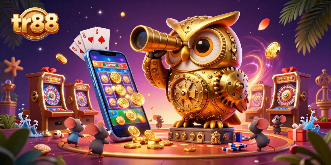 tr88 casino scene showcasing a golden owl overlooking slot machines with vibrant gaming elements.