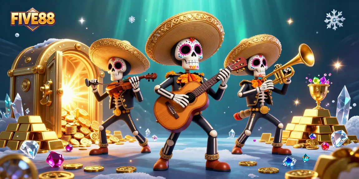 Engage with the vibrant world of FIVE88 Casino through festive mariachi skeletons celebrating amid treasures.