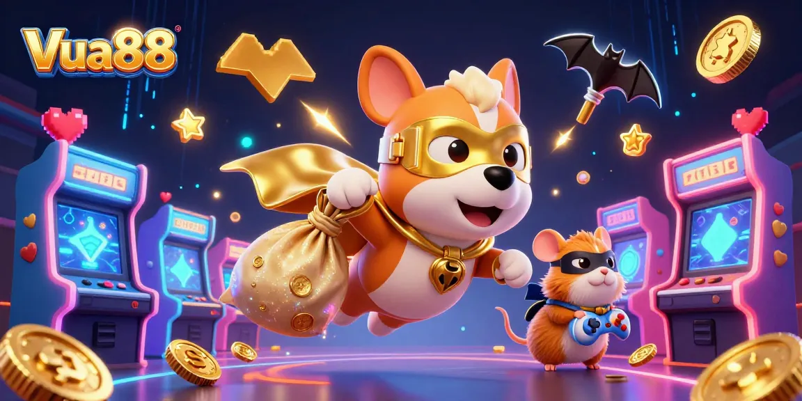 Experience Vua88's lively gaming scene featuring colorful casino symbols and characters in action.