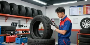 Mechanic inspecting a Double Coin RR99 tire in a modern automotive workshop with tools and tire models.