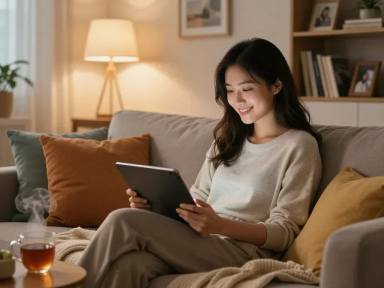 Engaging cozy moment with a young woman interacting with her girlfriend AI on a tablet, highlighting emotional bond and comfort.