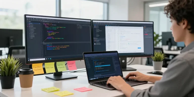 快连 software development workspace with dual monitors showing code and design, showcasing an innovative tech environment.