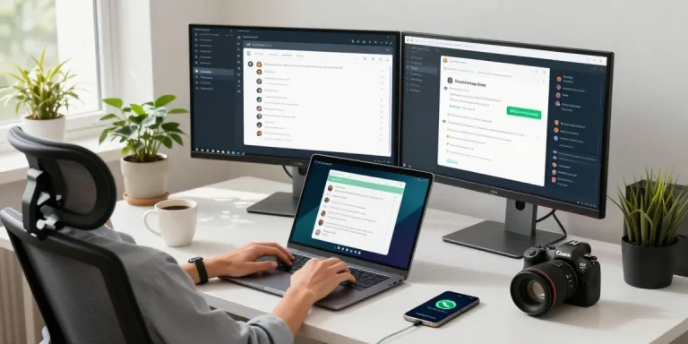Engaged user on WhatsApp網頁版 in a modern office environment with dual monitors.