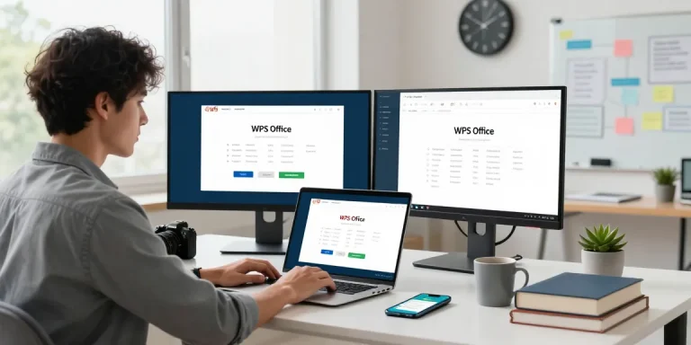 WPS Download in modern office setup highlighting productivity tools on screens and workspace.