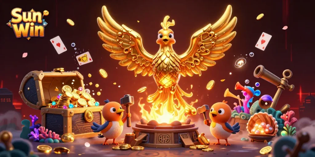 Experience Sun Win's thrilling gaming action with a molten golden phoenix and vibrant casino treasures.