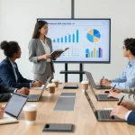 Team discussing business SIM only deals UK in a modern office setting during a meeting