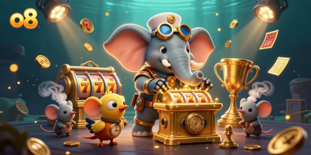 Spin exciting jackpots at o8 with steampunk-themed gaming characters surrounded by dynamic slot elements.
