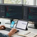 Experience seamless Telegram download at a modern coding workspace with dual monitors and coding software setup.