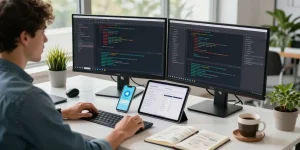 Experience seamless Telegram download at a modern coding workspace with dual monitors and coding software setup.