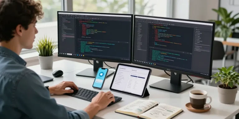 Experience seamless Telegram download at a modern coding workspace with dual monitors and coding software setup.