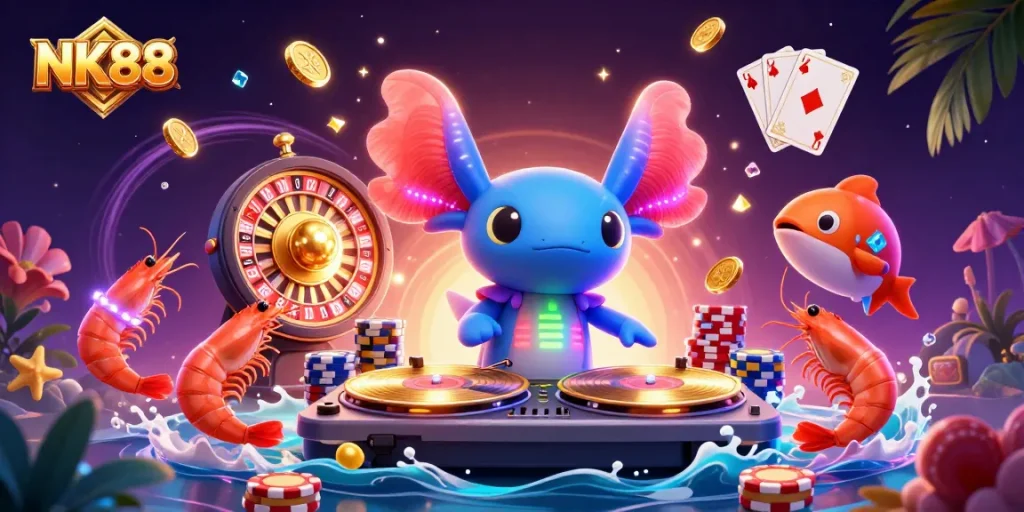 Engage with NK88's thrilling world of underwater casino fun featuring colorful characters and dynamic gambling elements.