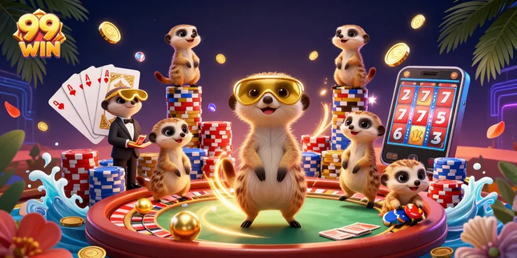 99WIN casino scene featuring meerkats engaging in gaming activities with exciting elements