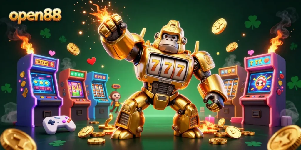 Engage with exciting open88 slot machine action featuring a golden gorilla mech and vibrant arcade elements.