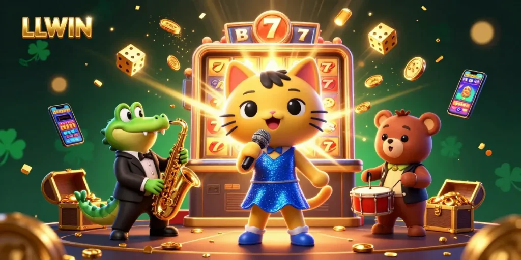 Experience the vibrant energy of LLWIN casino with a 3D illustration featuring exciting characters and jackpot elements.