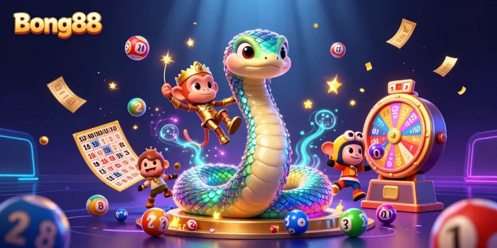 Bong88 captures the excitement of gambling with vibrant lottery balls, sparkling elements, and enchanting characters.