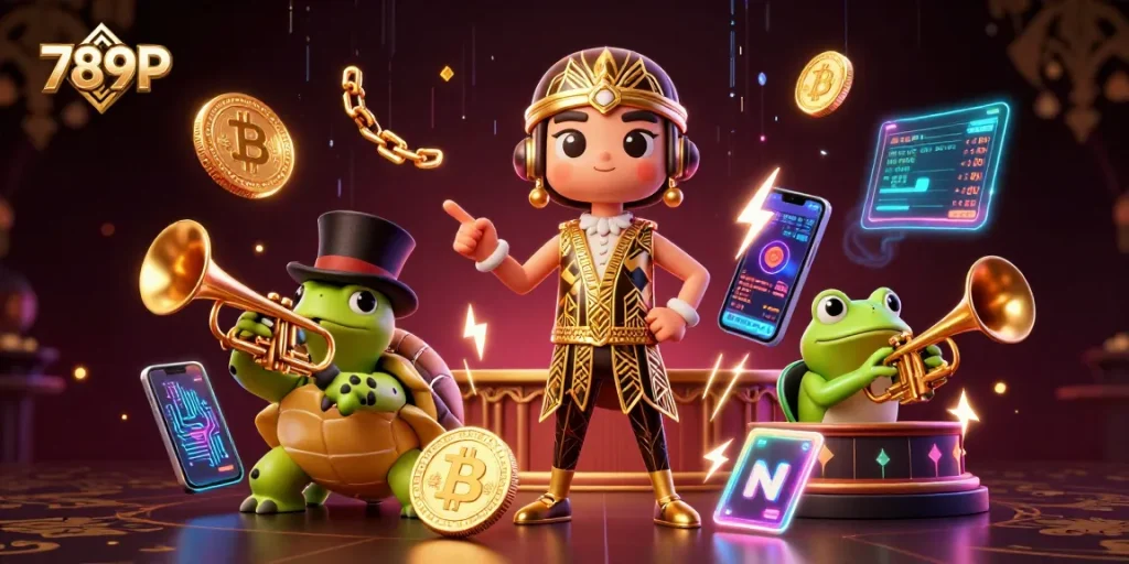 Immerse in the excitement of 789P as cartoon characters celebrate gambling wins amid glowing crypto coins.