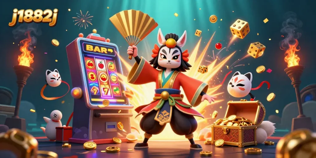 Experience j1882j excitement with a kabuki warrior and slot machine bursting with winnings.
